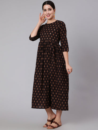 Brown Embroidred Flared Dress With Three Quarter Sleeves