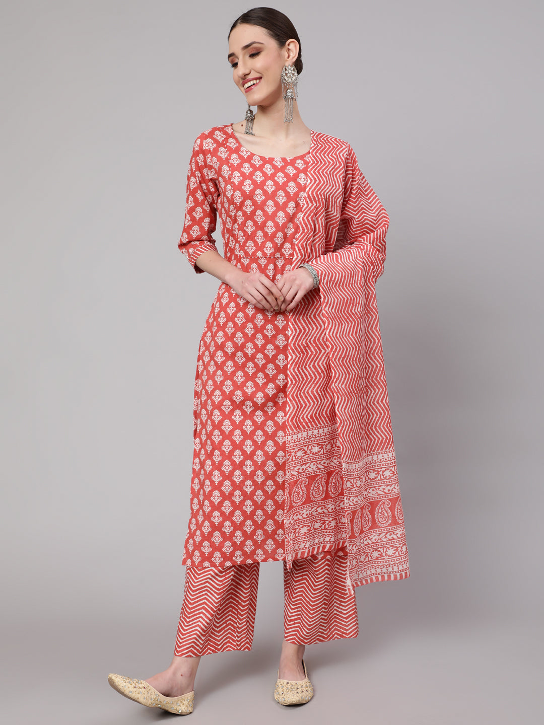 Rust Ethnic Printed Kurta With Palazzo And Dupatta