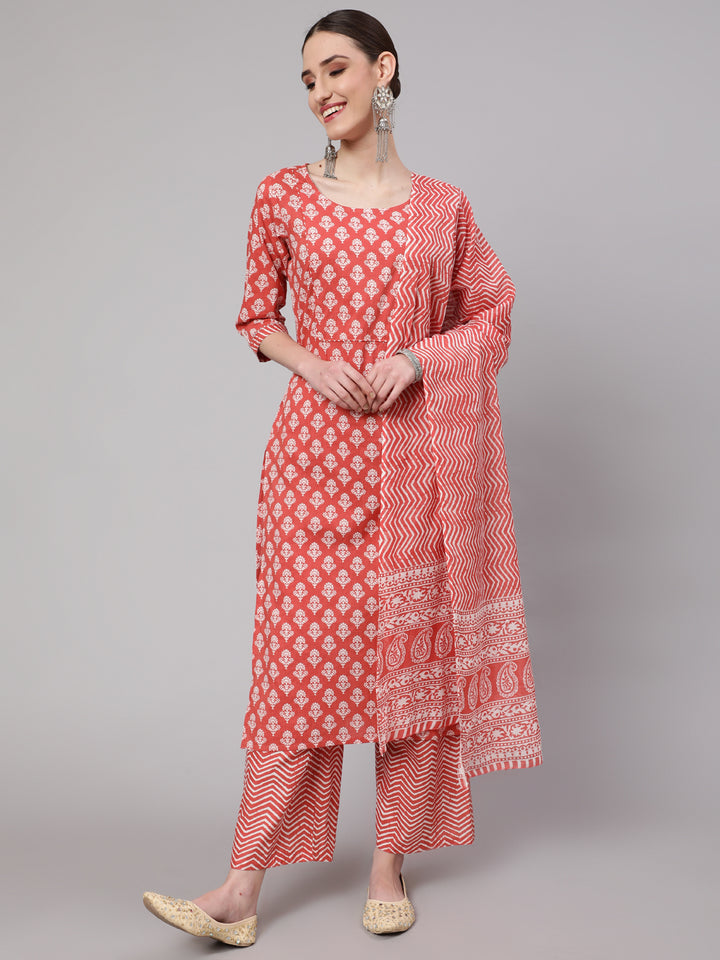Rust Ethnic Printed Kurta With Palazzo And Dupatta