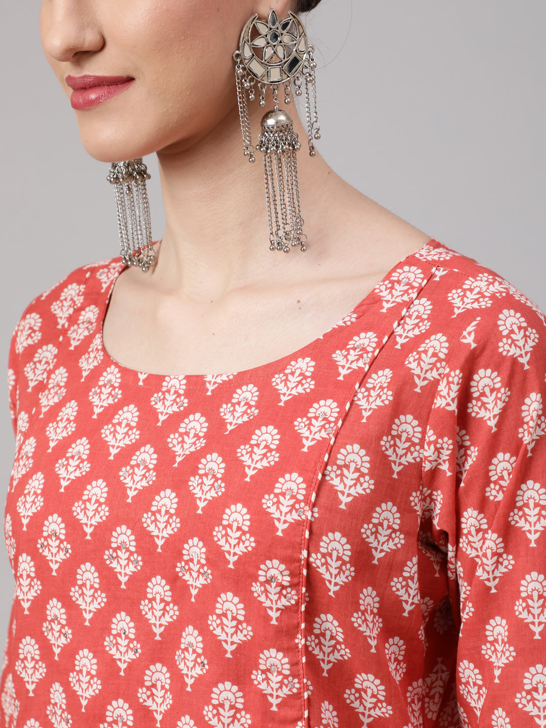 Rust Ethnic Printed Kurta With Palazzo And Dupatta