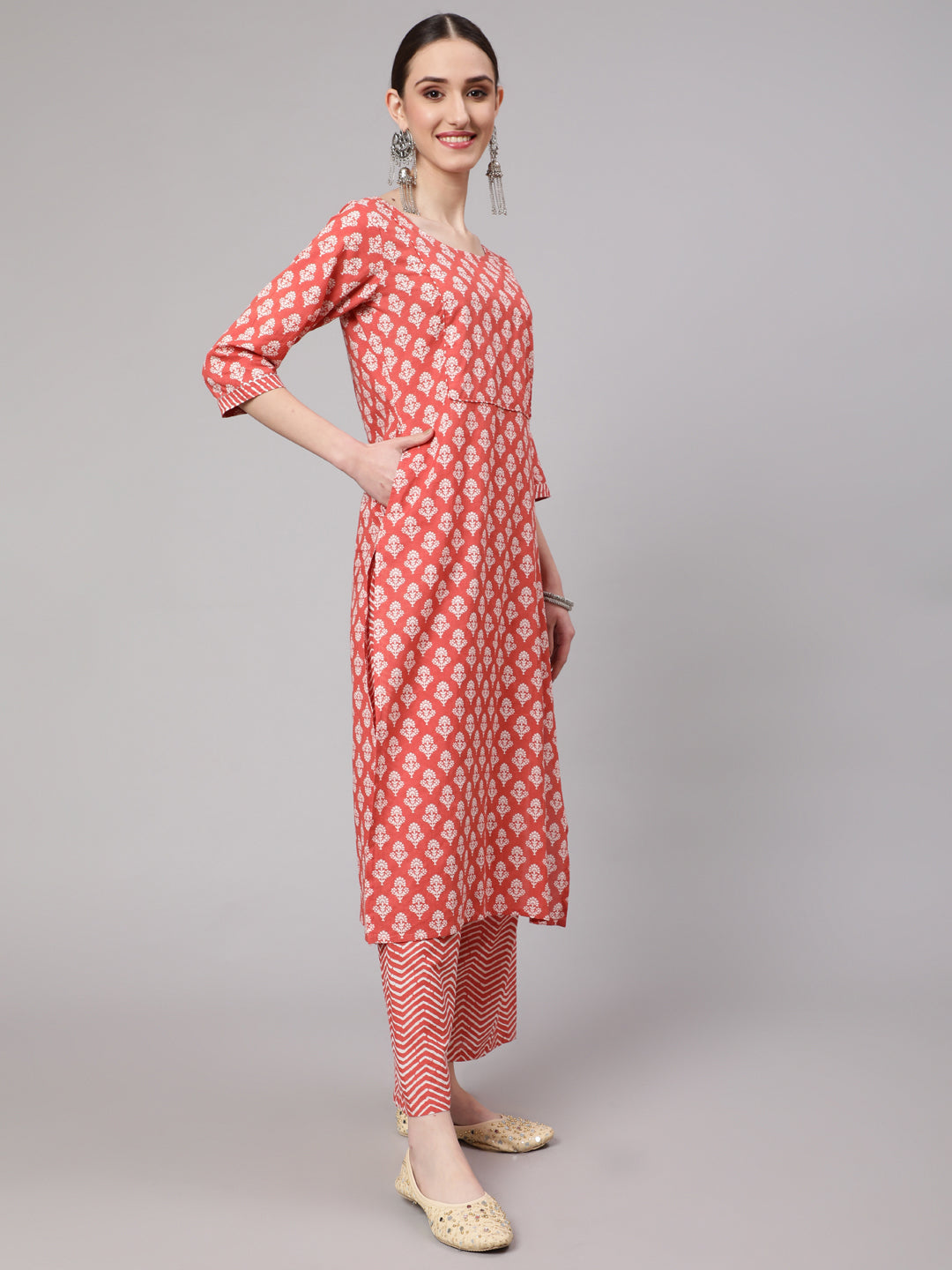 Rust Ethnic Printed Kurta With Palazzo And Dupatta