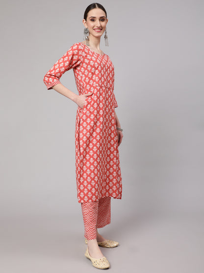 Rust Ethnic Printed Kurta With Palazzo And Dupatta