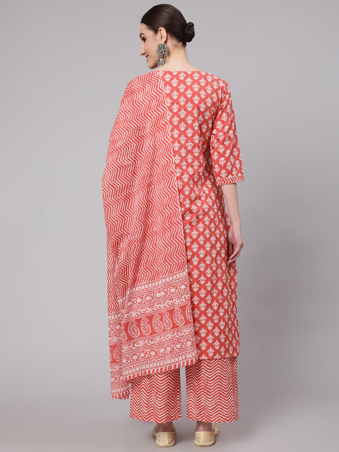 Rust Ethnic Printed Kurta With Palazzo And Dupatta