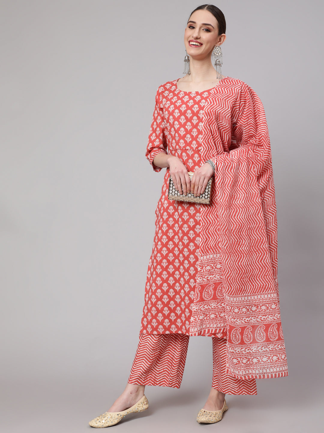 Rust Ethnic Printed Kurta With Palazzo And Dupatta