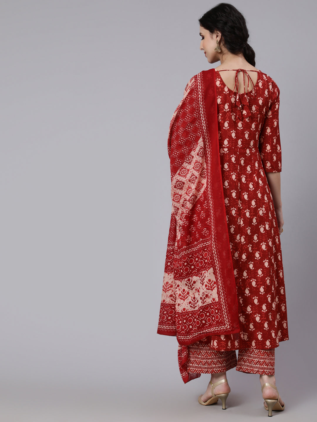 Rust Ethnic Printed Flared Kurta With Palazzo and Dupatta