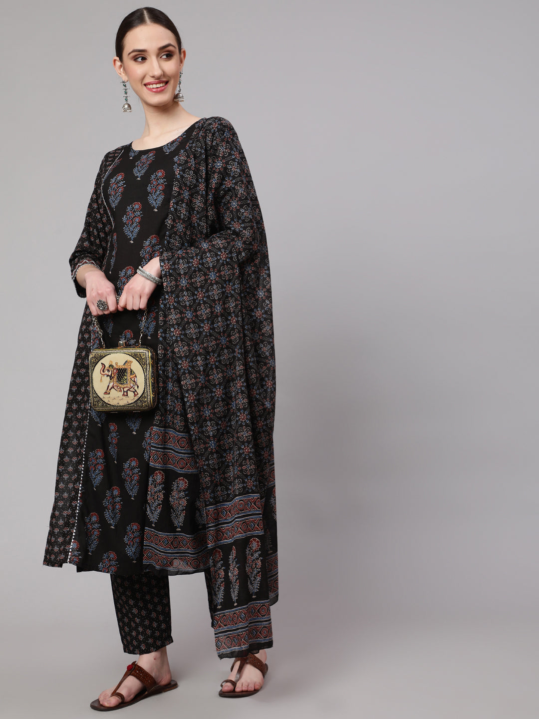 Black Ethnic Printed Kurta With Trouser And Dupatta