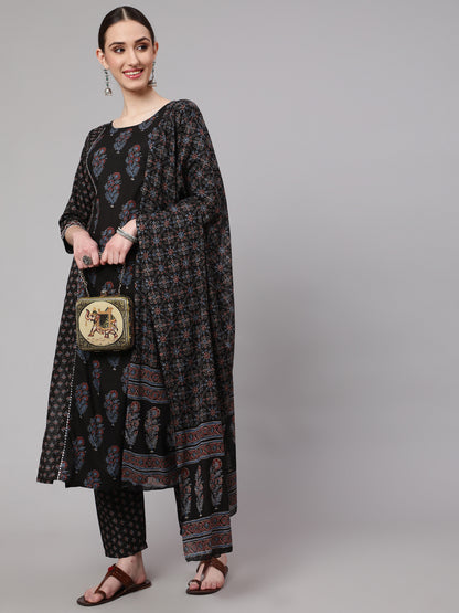 Black Ethnic Printed Kurta With Trouser And Dupatta