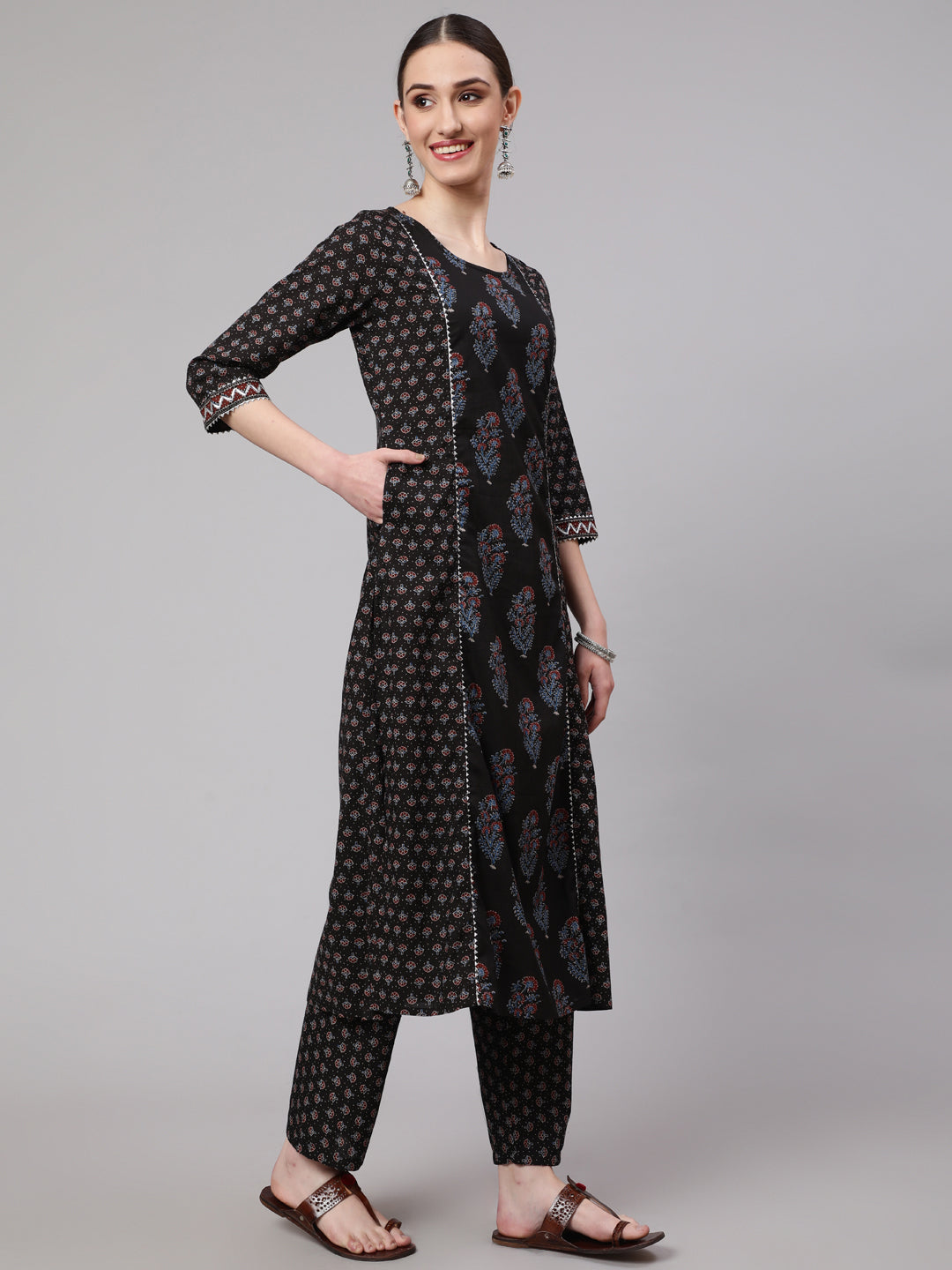 Black Ethnic Printed Kurta With Trouser And Dupatta