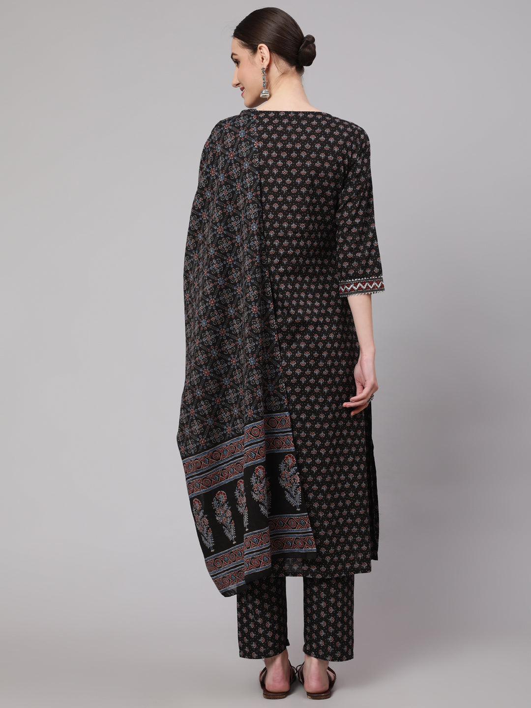 Black Ethnic Printed Kurta With Trouser And Dupatta