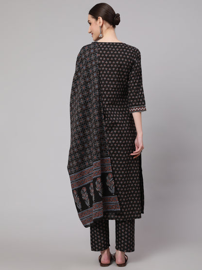 Black Ethnic Printed Kurta With Trouser And Dupatta