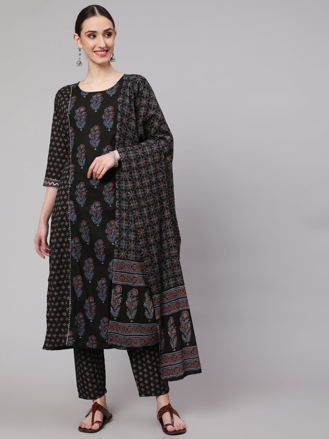 Black Ethnic Printed Kurta With Trouser And Dupatta
