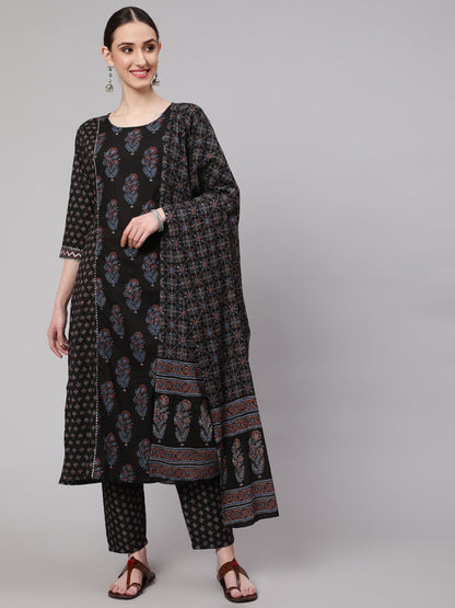 Black Ethnic Printed Kurta With Trouser And Dupatta