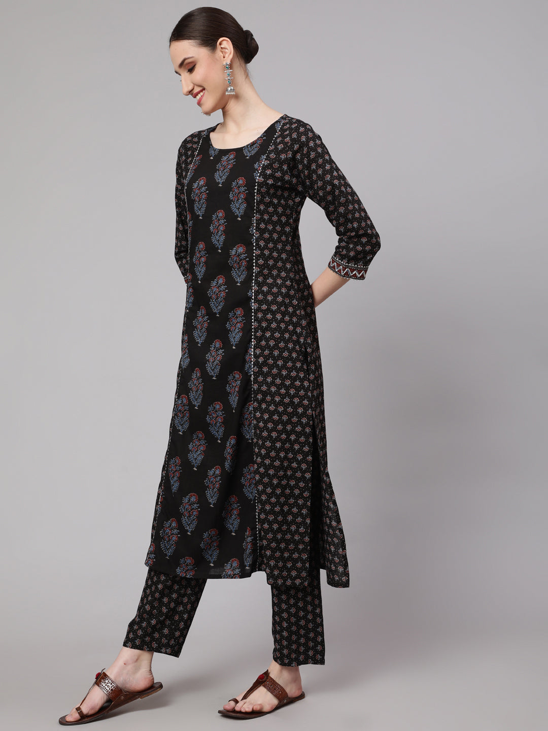 Black Ethnic Printed Kurta With Trouser And Dupatta