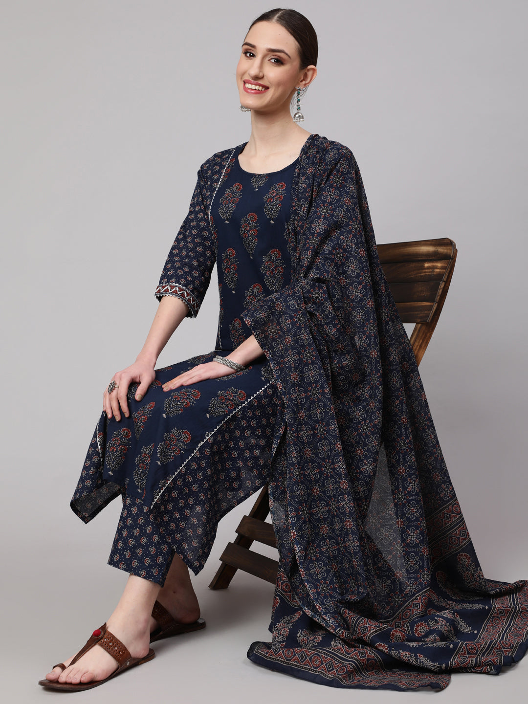 Blue Ethnic Printed Kurta With Trouser And Dupatta