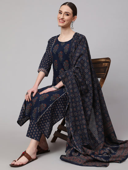 Blue Ethnic Printed Kurta With Trouser And Dupatta