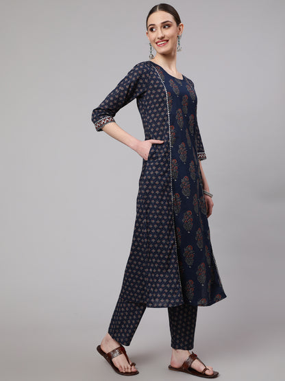 Blue Ethnic Printed Kurta With Trouser And Dupatta