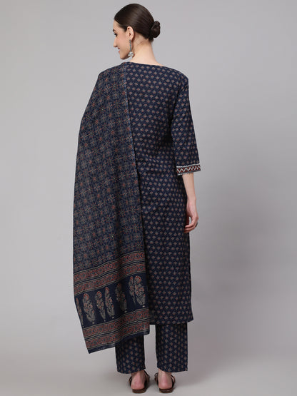 Blue Ethnic Printed Kurta With Trouser And Dupatta