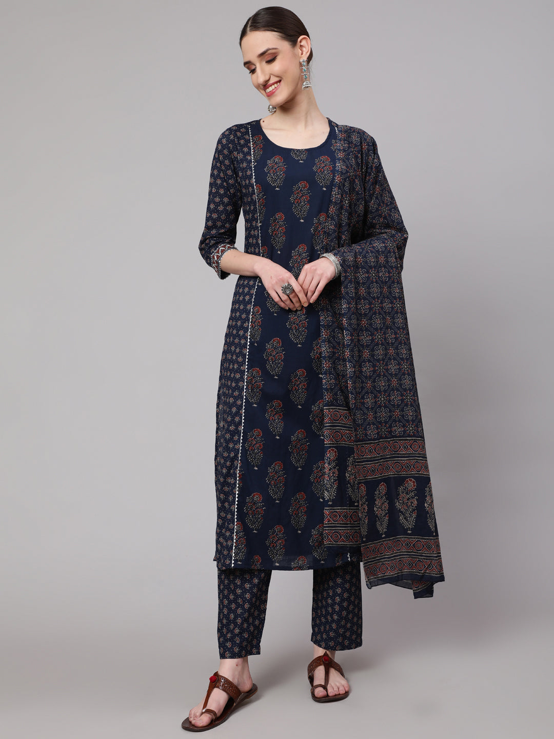 Blue Ethnic Printed Kurta With Trouser And Dupatta