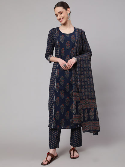 Blue Ethnic Printed Kurta With Trouser And Dupatta