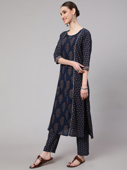 Blue Ethnic Printed Kurta With Trouser And Dupatta