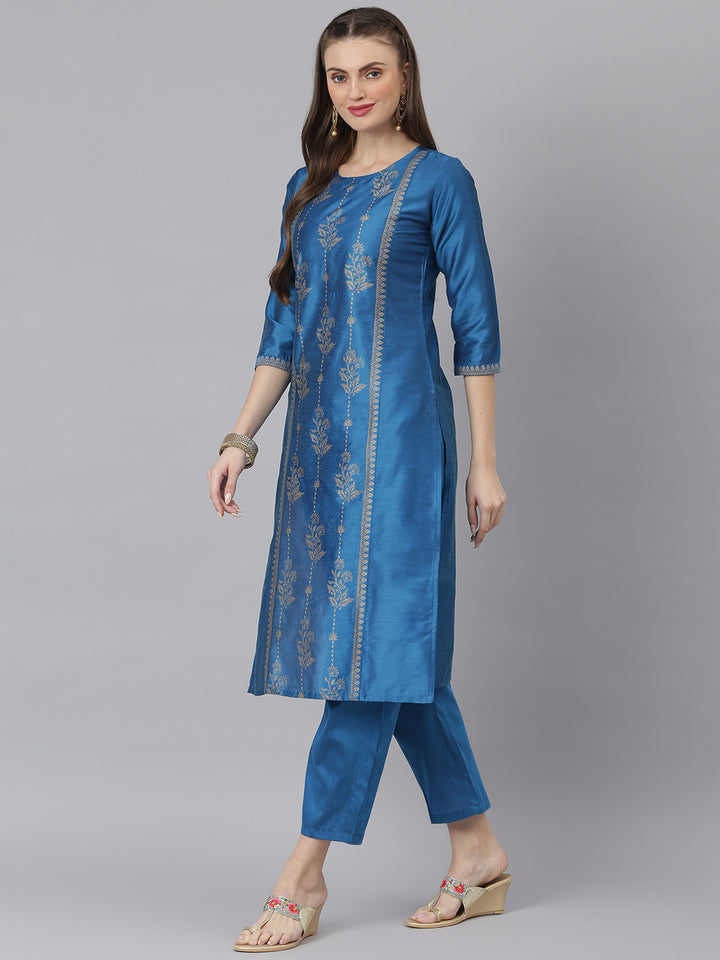 Women Gold Printed Poly Silk Straight Kurta Pant Set