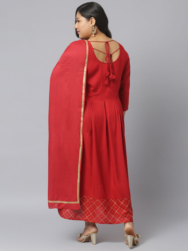Gold Printed Rayon Flared Kurta Dupatta Set