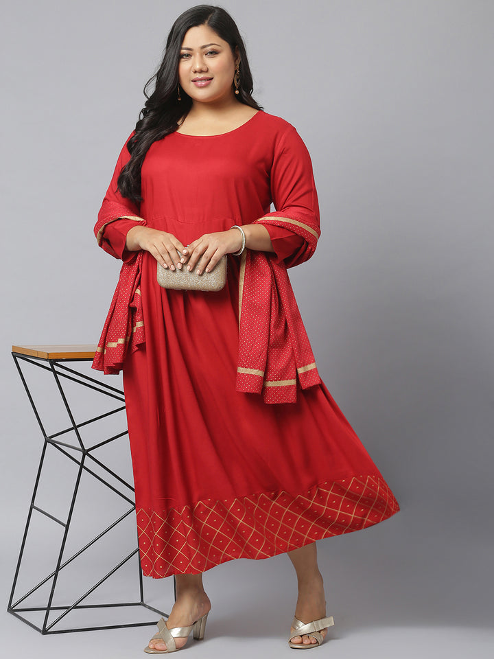 Gold Printed Rayon Flared Kurta Dupatta Set