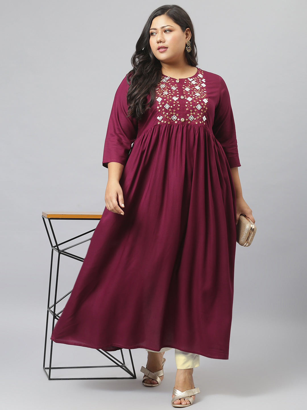 Embroidered Rayon Flared Kurta