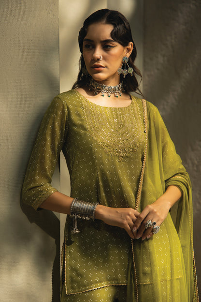 GREEN GEORGETTE BANDHANI PRINTED KURTA, SHARARA AND DUPATTA SET