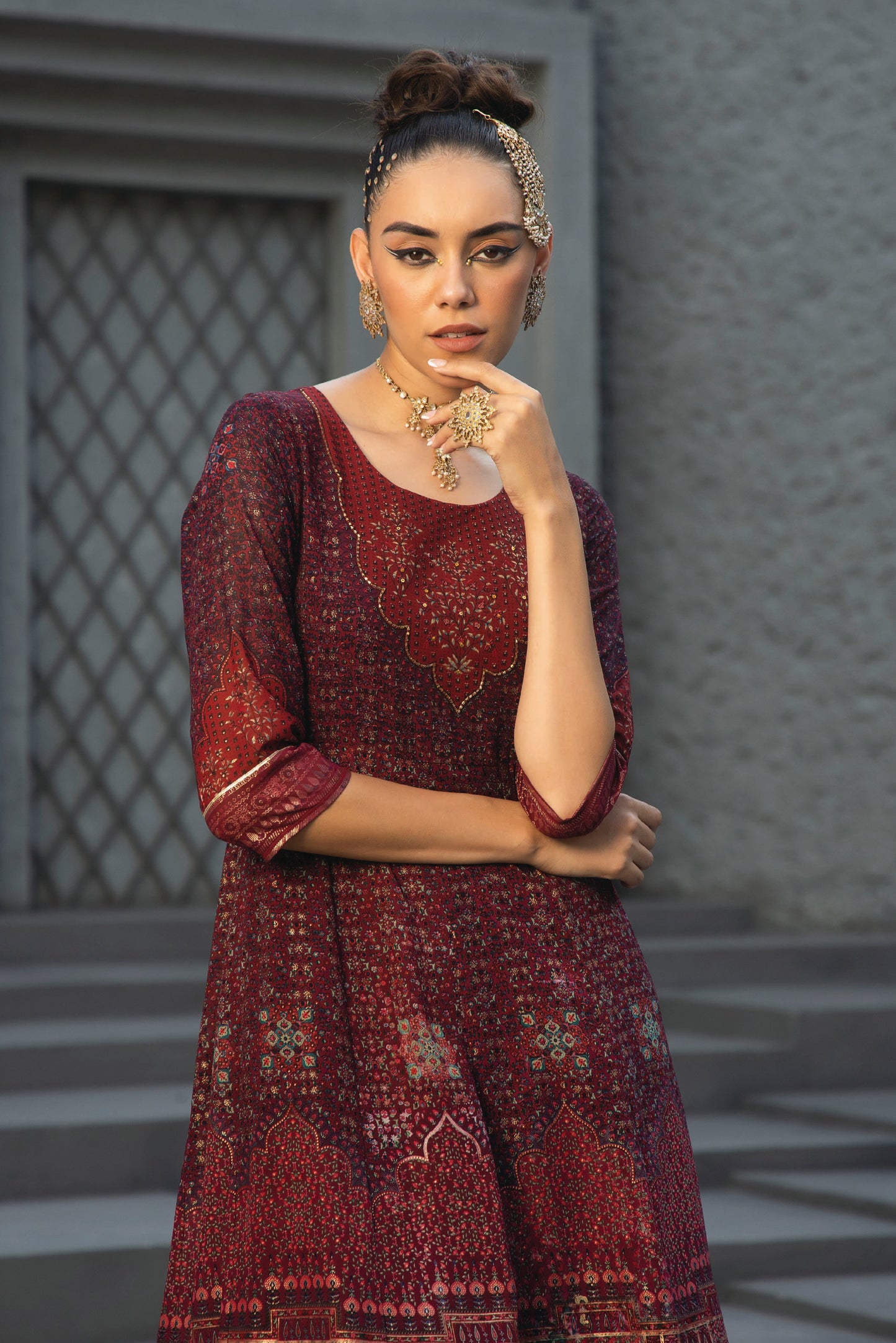 Maroon Georgette Festive Printed Anarkali Flared Anarkali Kurta
