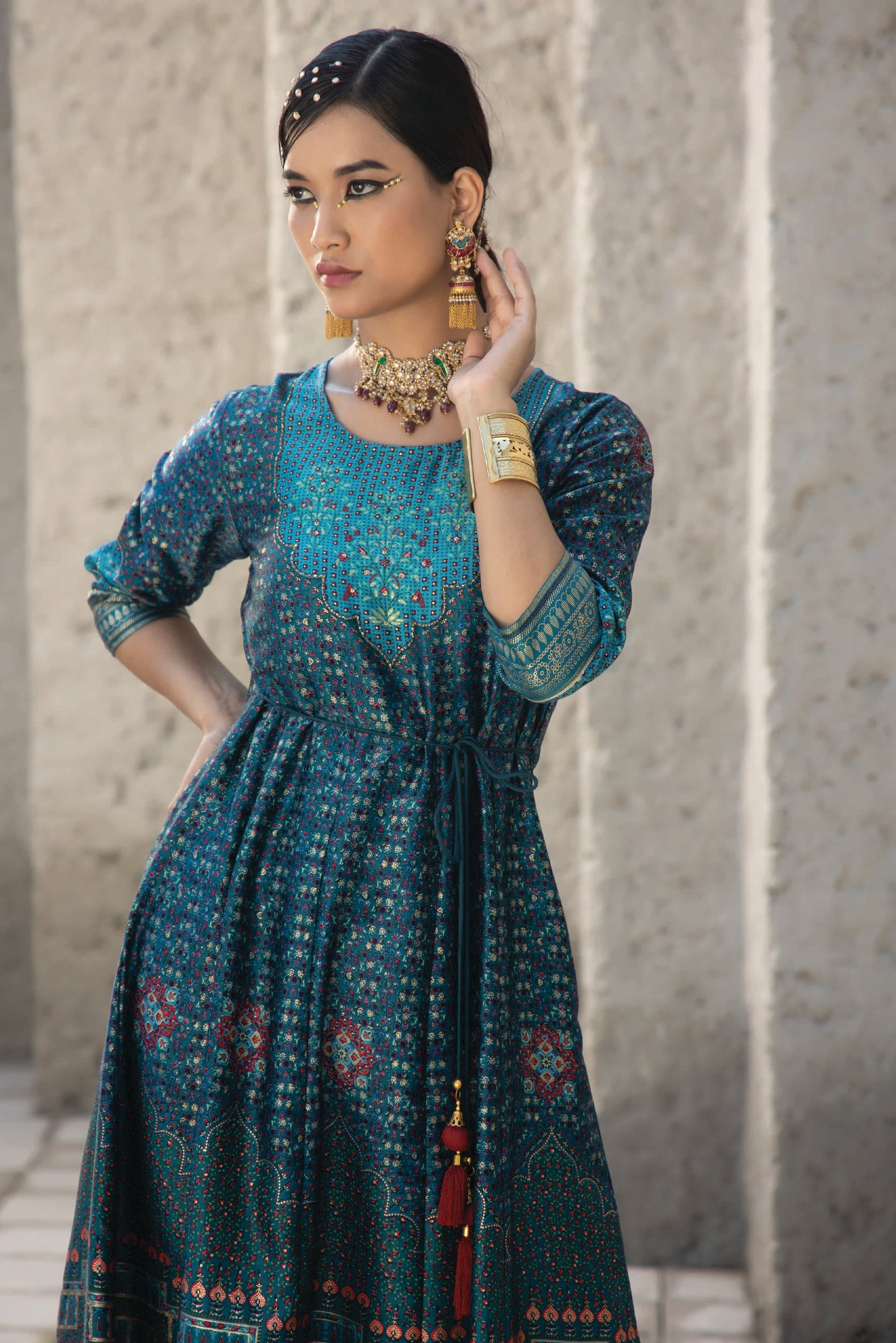Teal Satin Festive Printed Anarkali Flared Anarkali Kurta