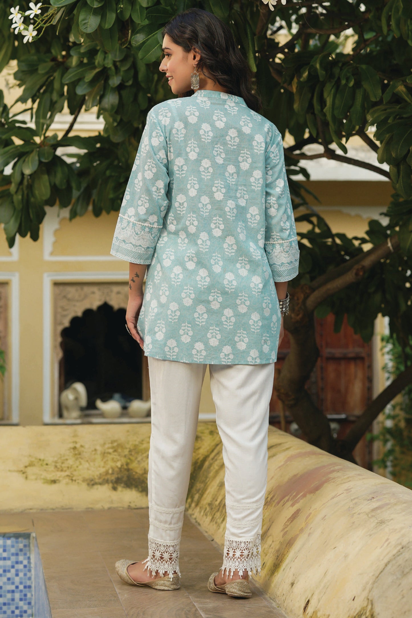 Skyblue Cambric Placement Floral Printed Tunic