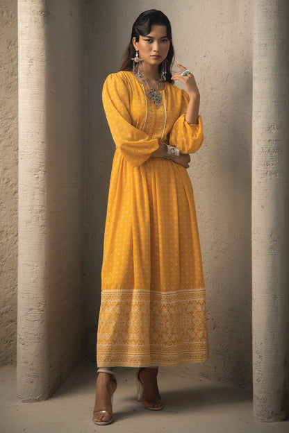 Mustard Georgette Festive Print Flared Dress