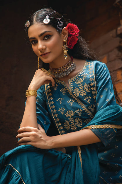 Teal Satin Slub Festive Embroidered Printed Straight Kurta Skirt Dupatta