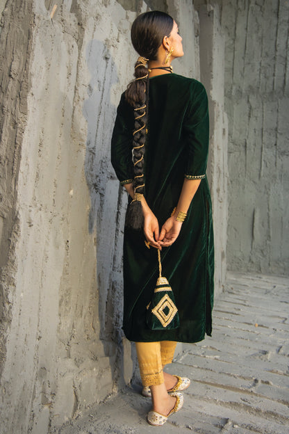 Green Velvet Festive Solid Embroidered Straight Kurta
