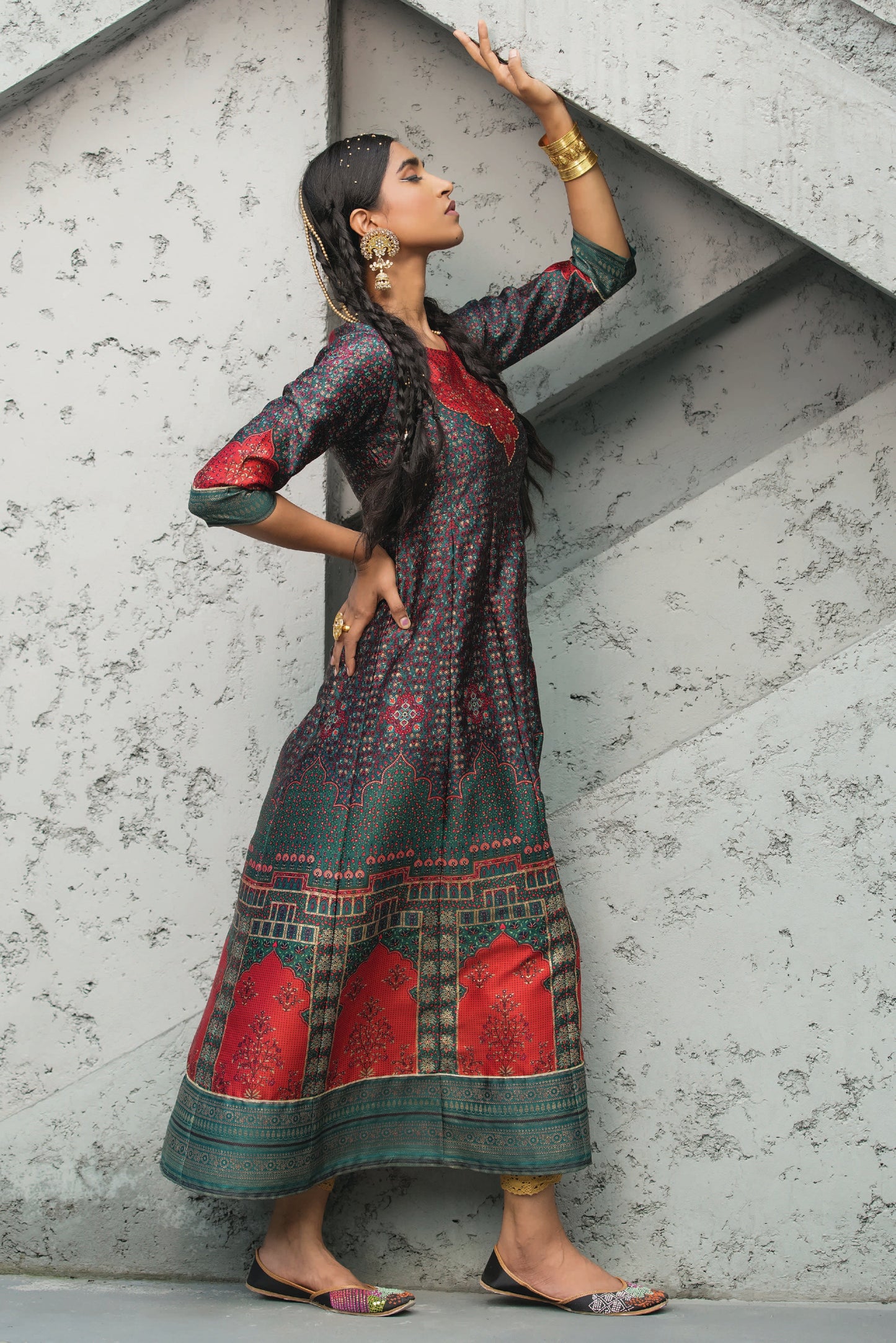 Green Satin Festive Printed Anarkali Flared Anarkali Kurta