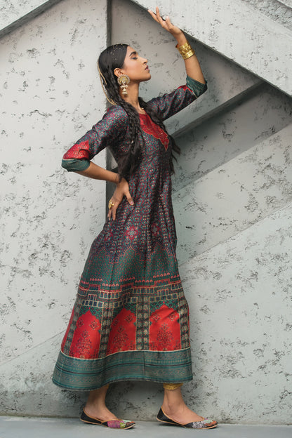 Green Satin Festive Printed Anarkali Flared Anarkali Kurta