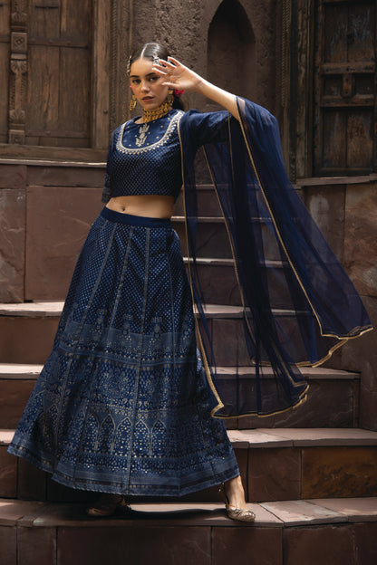 NAVY DULL SATI POLYSTER NET FESTIVE EMBROIDERED CROP LEHENGA CHOLI DUPATTA FOR WOMEN