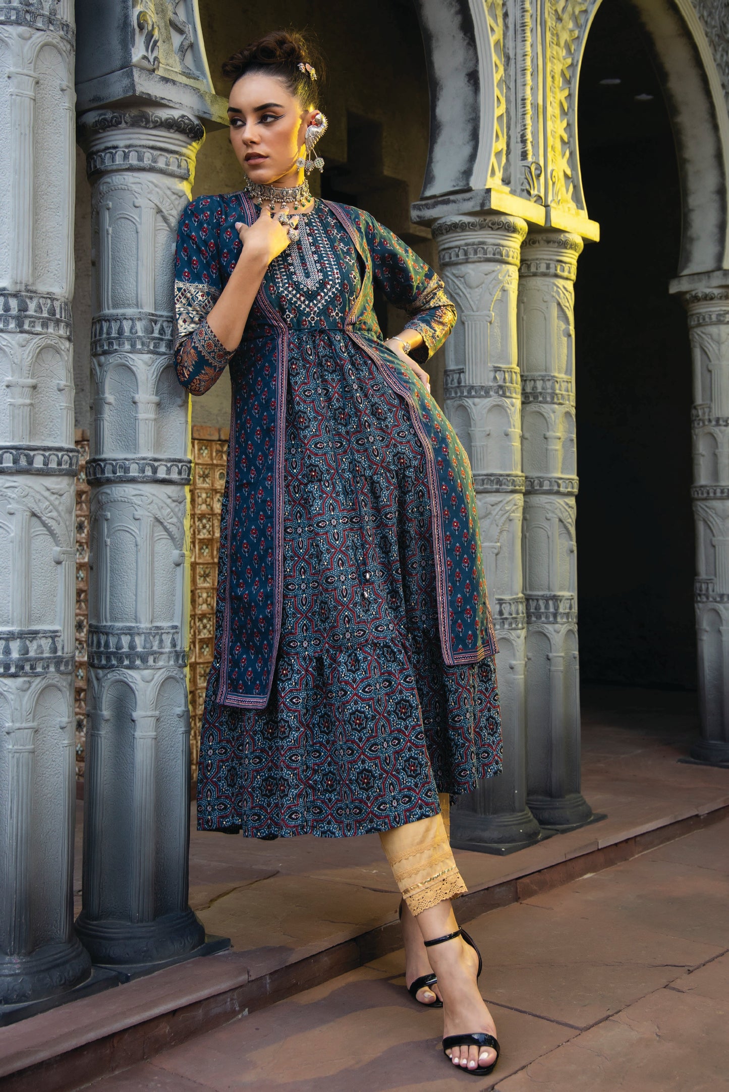 Teal Chanderi Festive Printed Tiered  Kurta