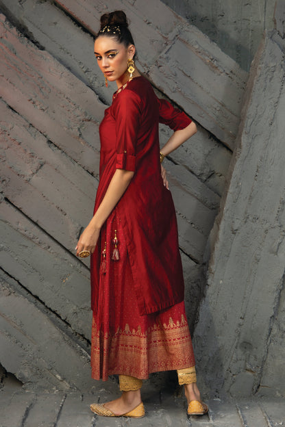 Maroon Chanderi Festive Embroidered + Printed Straight/Flared Kurta