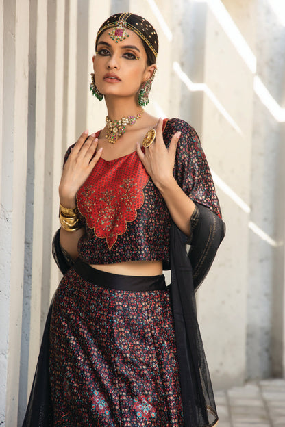 Black Dull Satin Festive Printed Crop Choli-Skirt Dupatta