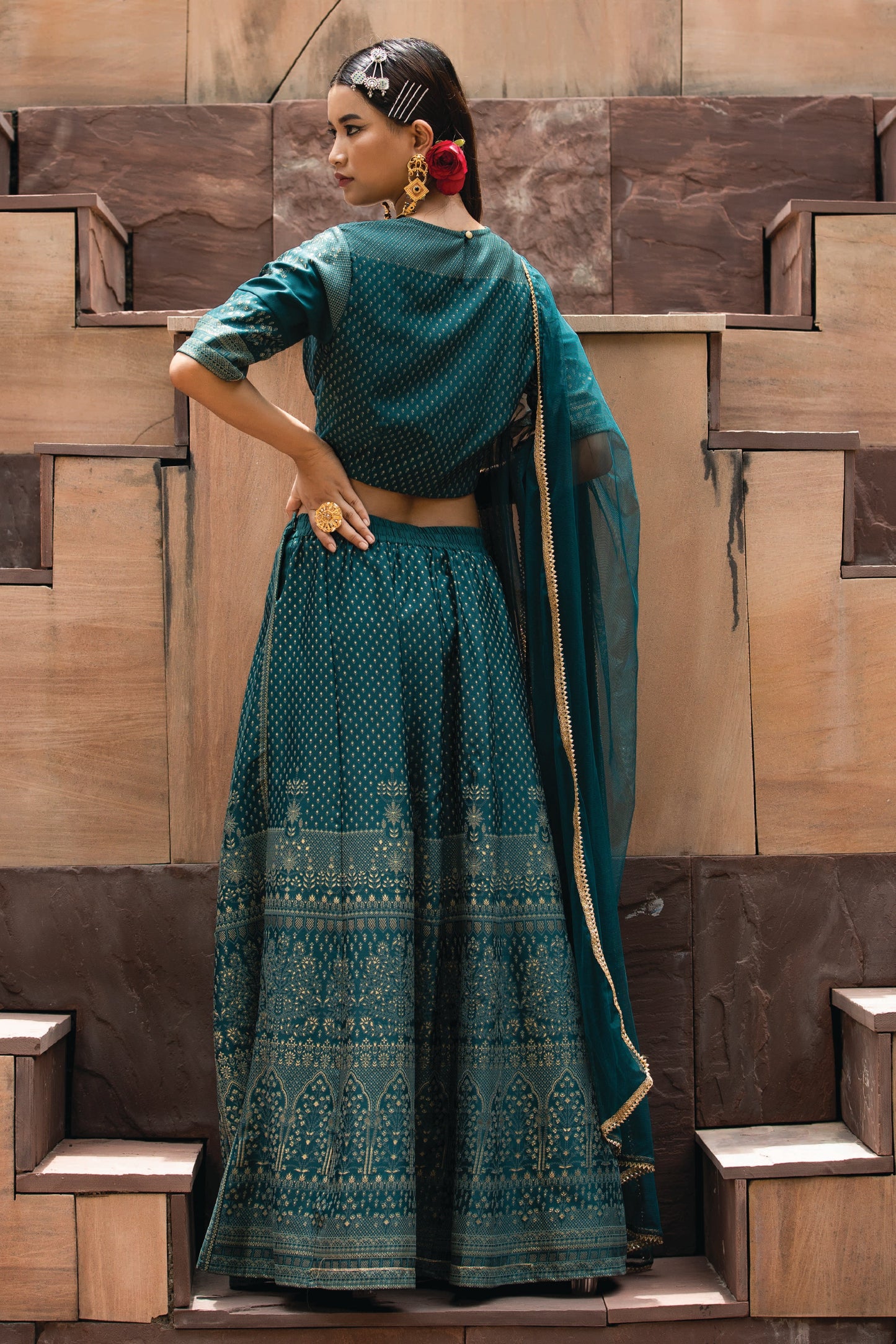 Teal Dull Satin Festive Embroidered Printed Crop Lehenga Choli Dupatta Set