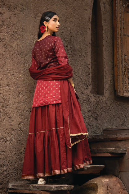 Maroon Satin Slub Festive Embroidered Printed Straight Kurta Skirt Dupatta Set