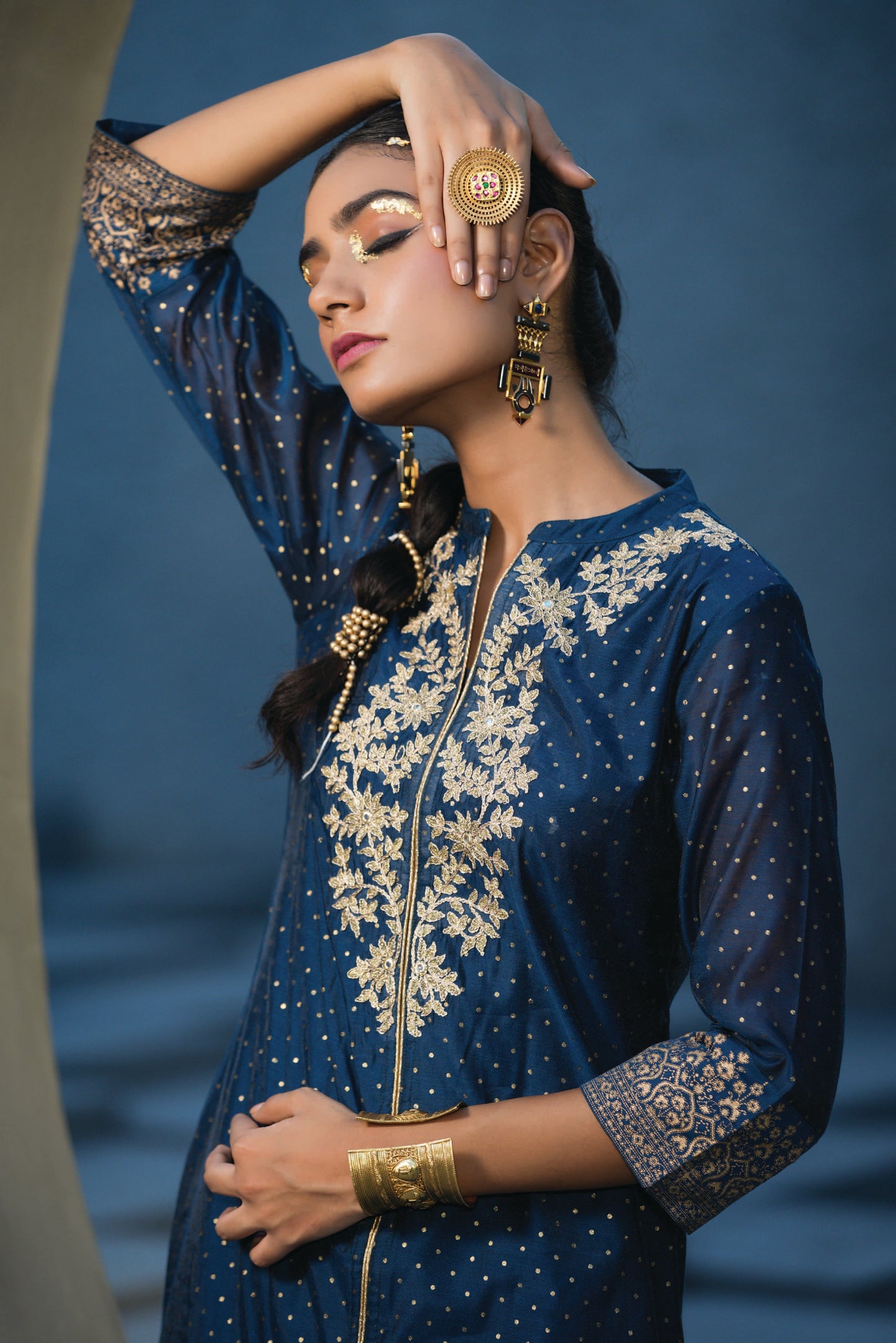 Blue Chanderi Festive Embroidered Polka Dot Printed A-Line Kurta