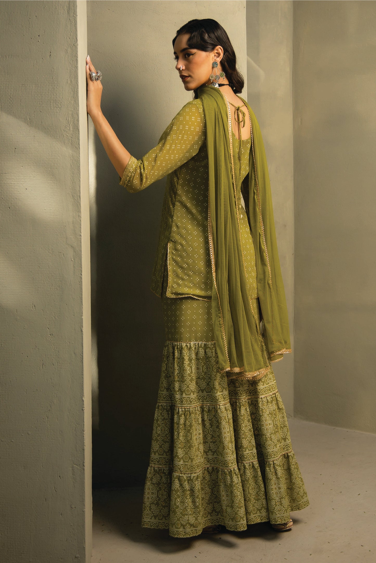 GREEN GEORGETTE BANDHANI PRINTED KURTA, SHARARA AND DUPATTA SET
