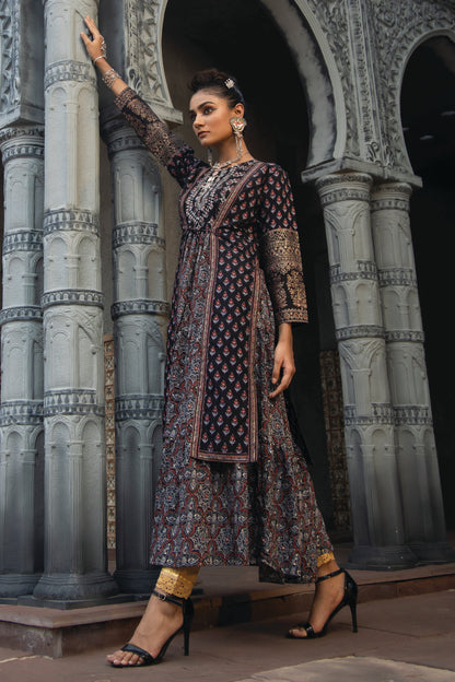 Black Chanderi Festive Printed Tiered  Kurta