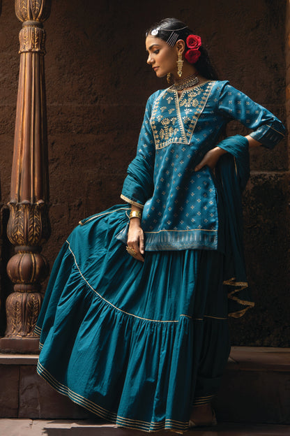 Teal Satin Slub Festive Embroidered Printed Straight Kurta Skirt Dupatta