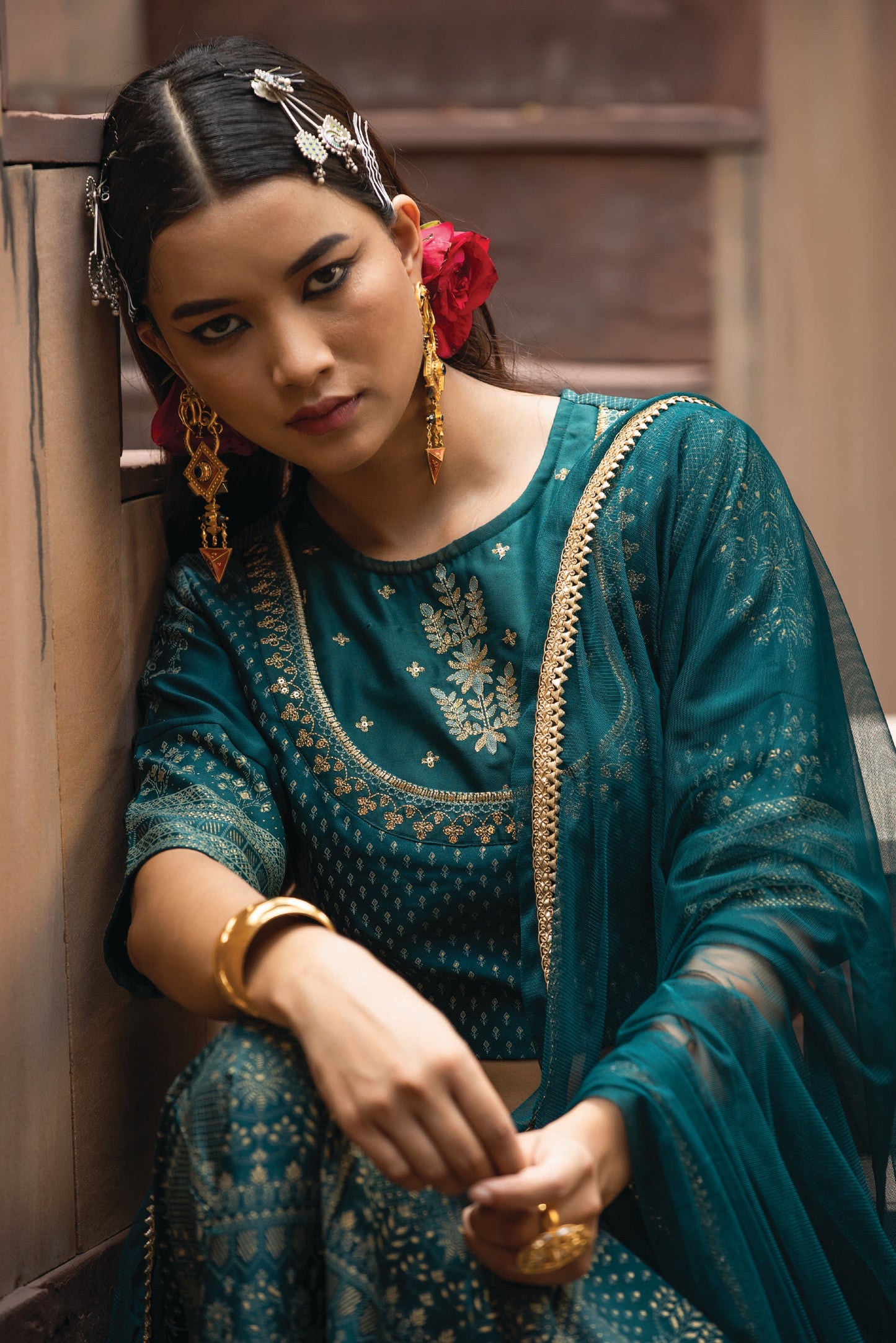 Teal Dull Satin Festive Embroidered Printed Crop Lehenga Choli Dupatta Set