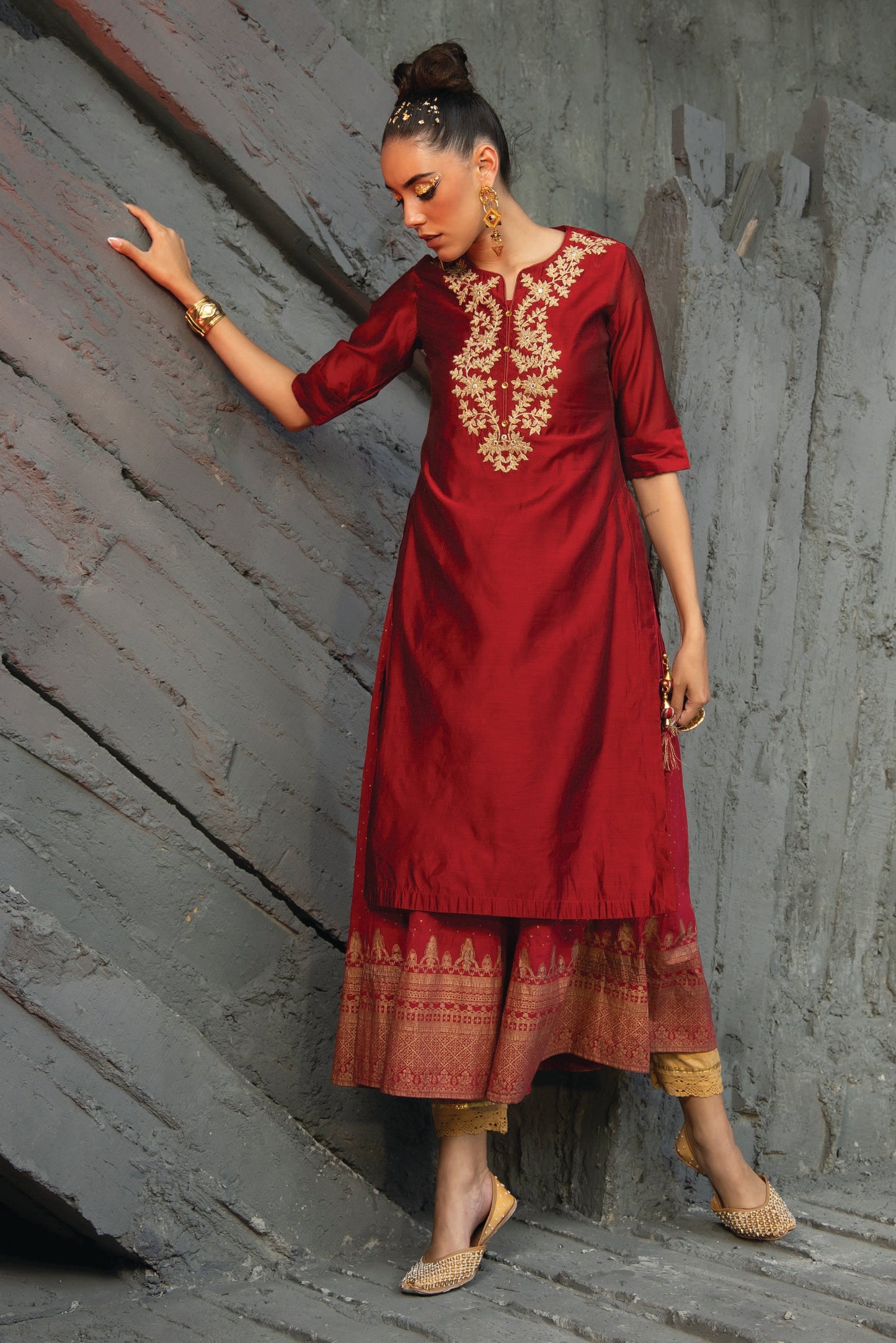 Maroon Chanderi Festive Embroidered + Printed Straight/Flared Kurta