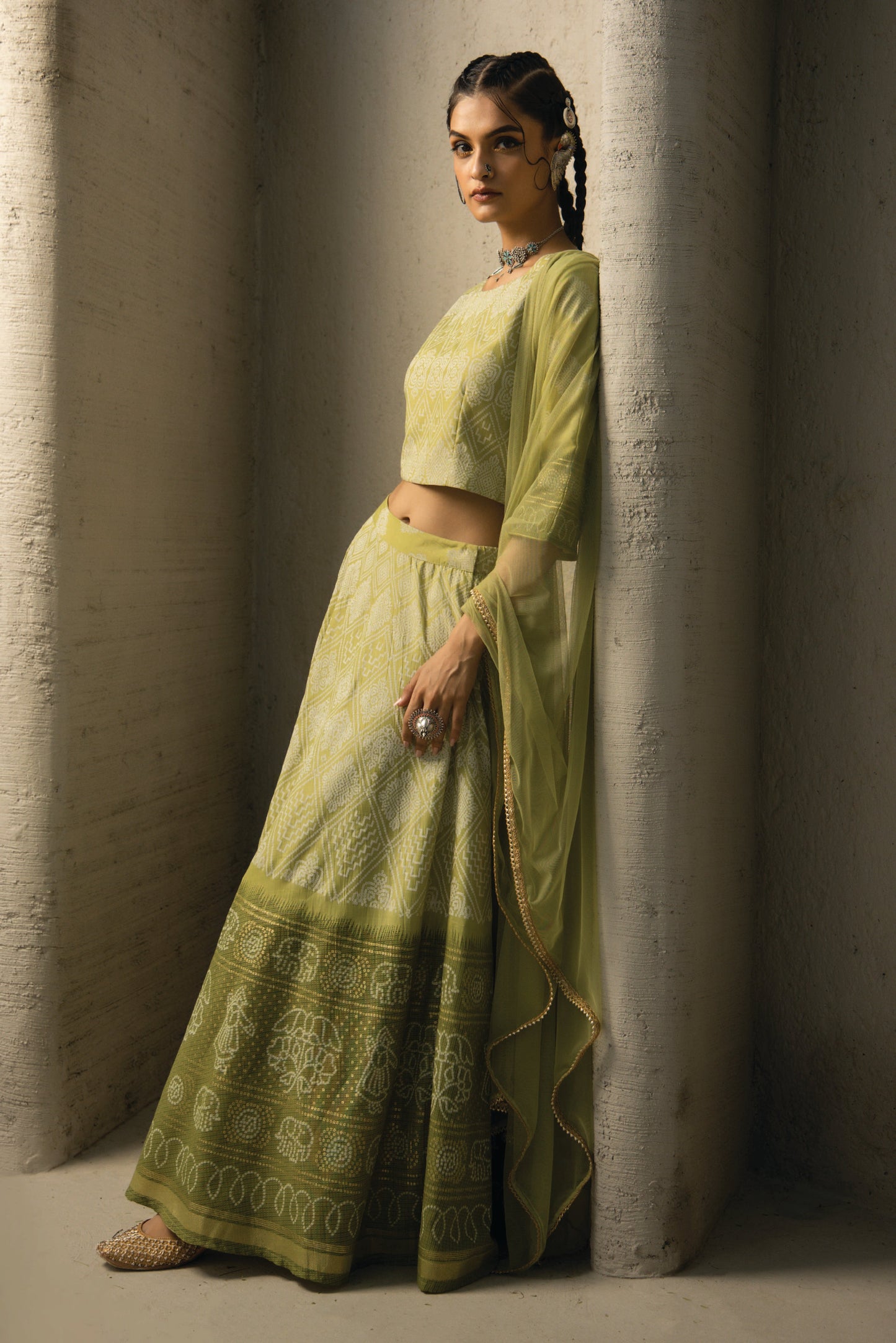 Green Santoon Slub Festive Foil Print Straight Lehenga Choli Set